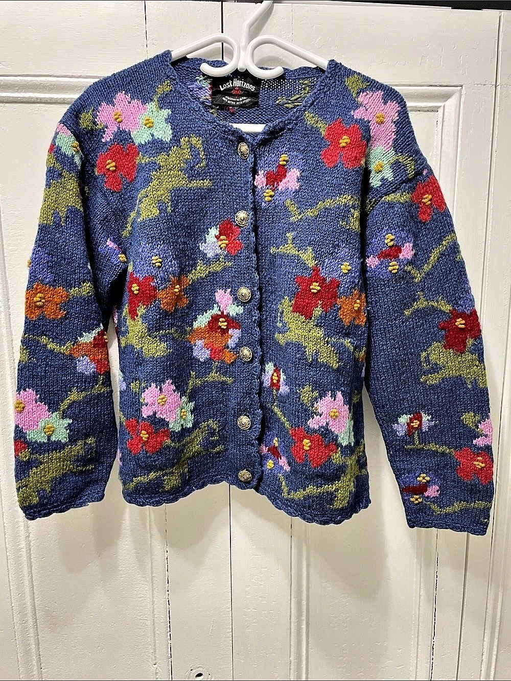 EUC 100% Wool Lost Horizons Nepal Floral Hand knit Cardigan in Blue Red Green Ye